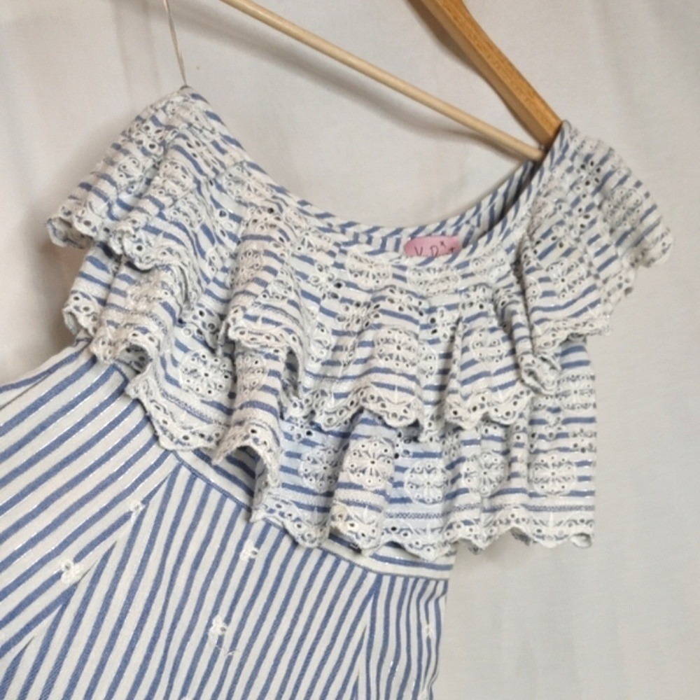Kos Resort One Shoulder Midi Dress Ruffle Embroidered Eyelet White Blue Silver S - Picture 7 of 12
